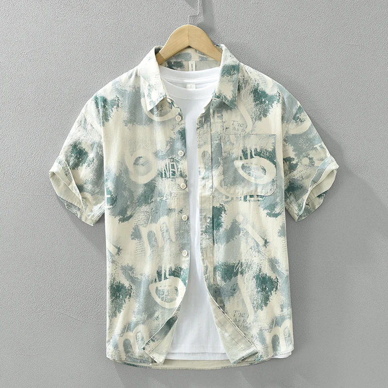 

2026 Summer New Fresh Printed 100% Cotton Short Sleeve Shirt for Men Beach Turn-down Collar Summer Shirts