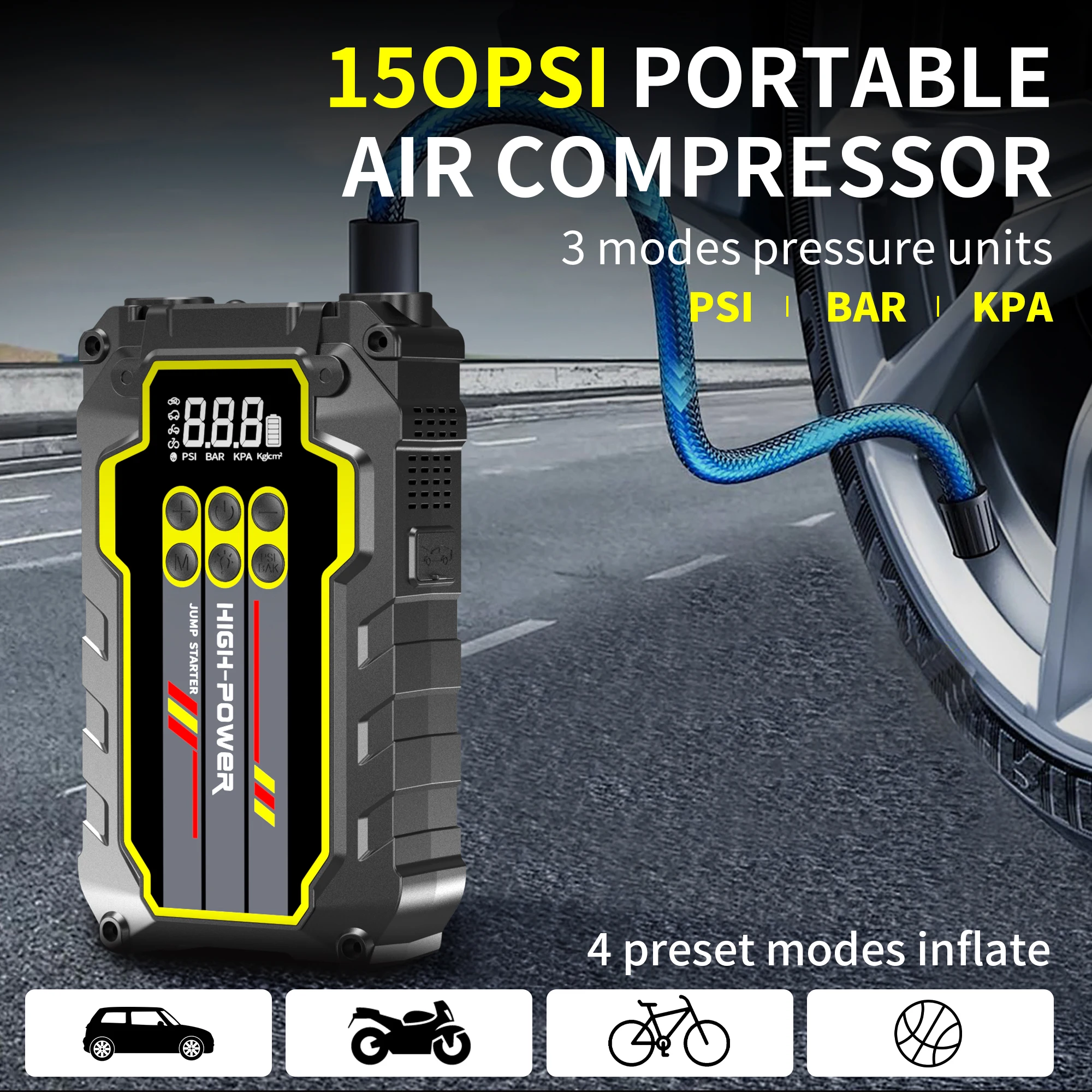 ANTPOWER Démarreur de Voiture 4-en-1 10000mAh avec Compresseur d'Air, Booster de Puissance pour Batterie de Voiture, Pompe à Air 150PSI, Batterie Externe Portable, Gonfleur de Pneus