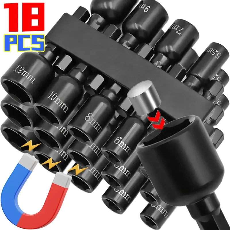 Conjunto de 9/18 Peças de Soquetes Sextavados para Parafusadeira Elétrica e Furadeira, Ferramenta Manual