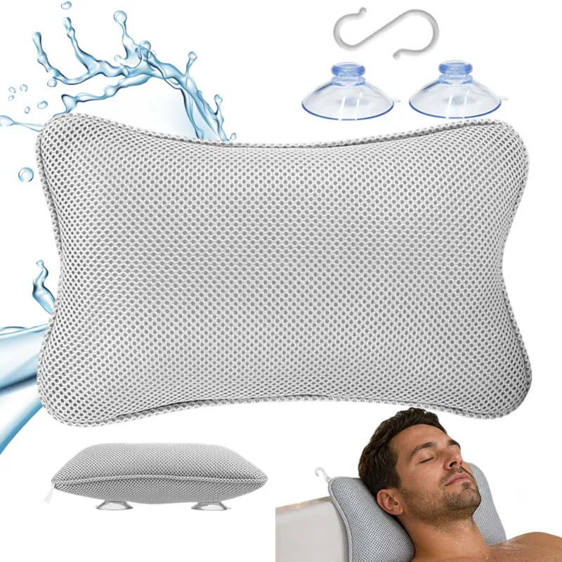 Oreiller de bain ergonomique en mousse à mémoire de forme en forme d'os, oreiller de bain en maille 4D Air Mesh avec 2 ventouses puissantes, support pour le cou, la tête et le dos, accessoire antidérapant lavable en machine pour la relaxation dans la baignoire et la bain à remous.
