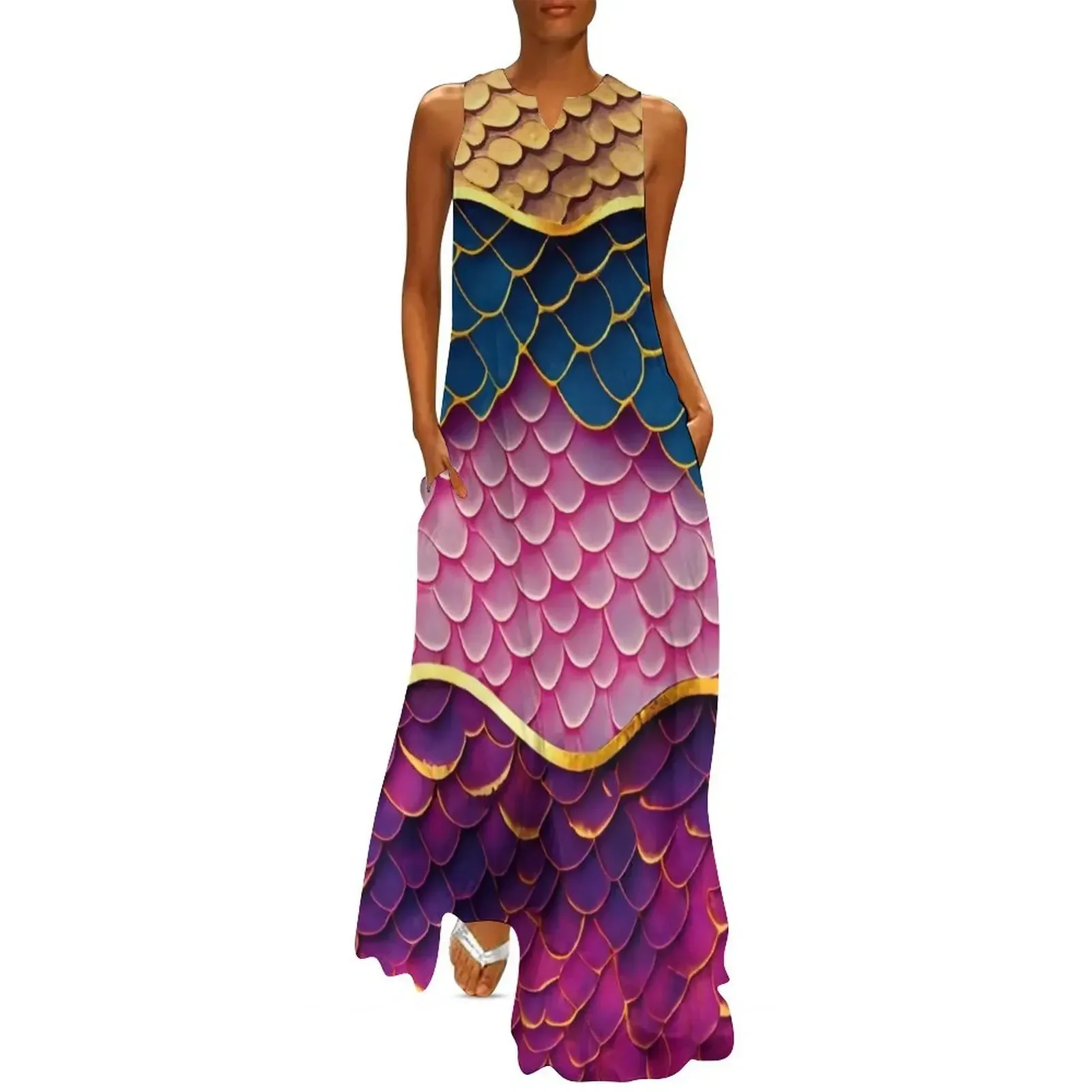 

Mermaid Fin Fish Scales, Dark Blue, Pink, Purple, Magenta, Gold Long Dress Women's summer suit Dress