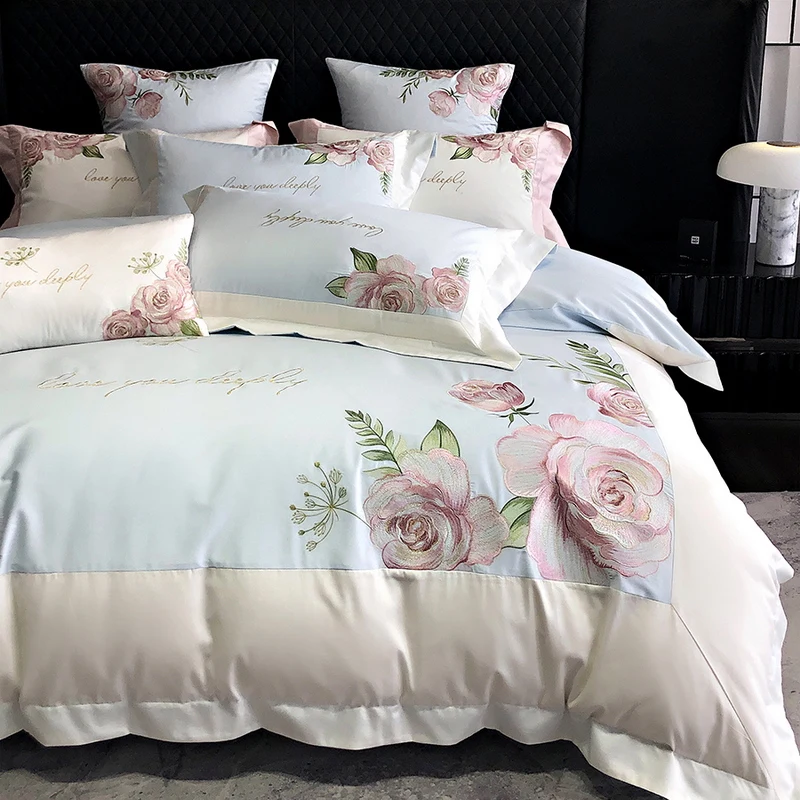 

Egyptian Cotton Bedding Set Luxury Flowers Embroidery Duvet Cover Sets Fitted Bed Sheet Pillowcases Home Textile