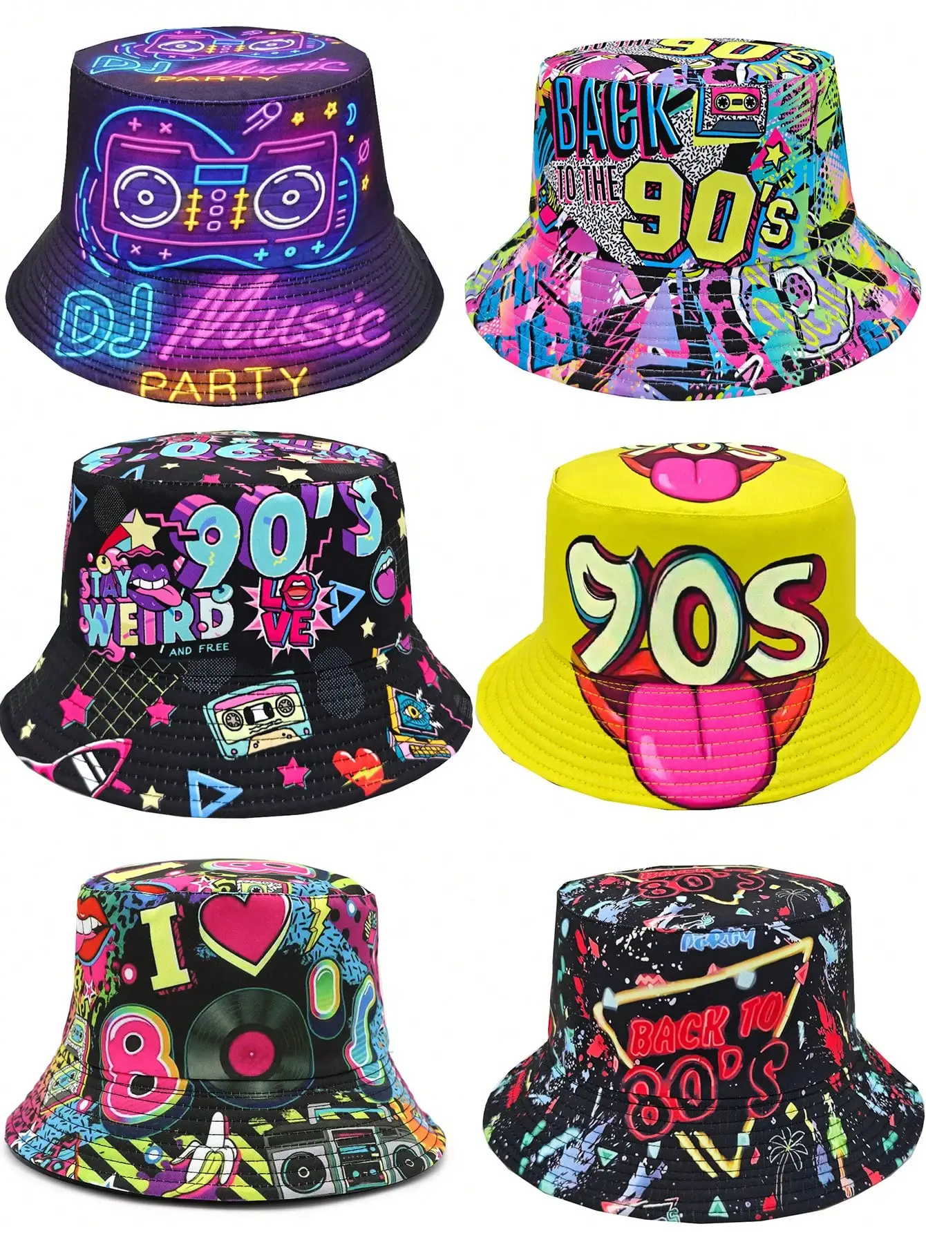 Retro 90er Jahre Graffiti-Print Bucket Hat, Unisex Street Hip Hop Leichter Wendbarer Bucket Hat, Geeignet für Partys und Veranstaltungen