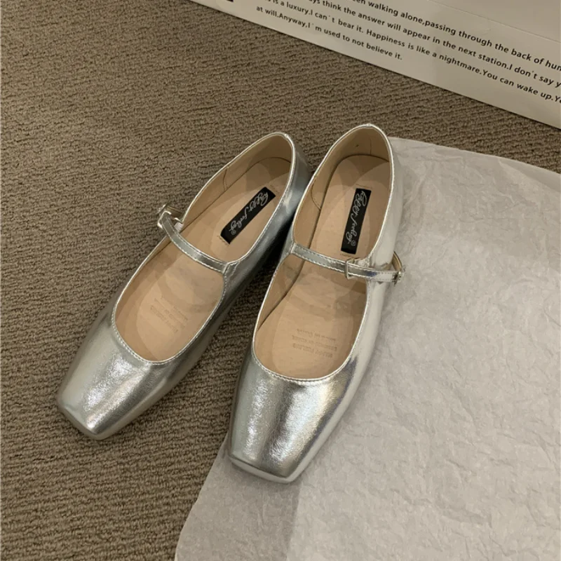

Женские балетки с квадратным носком, Туфли Мэри Джейн на низком каблуке, серебристые туфли с пряжкой и мягкой подошвой, весна 2023