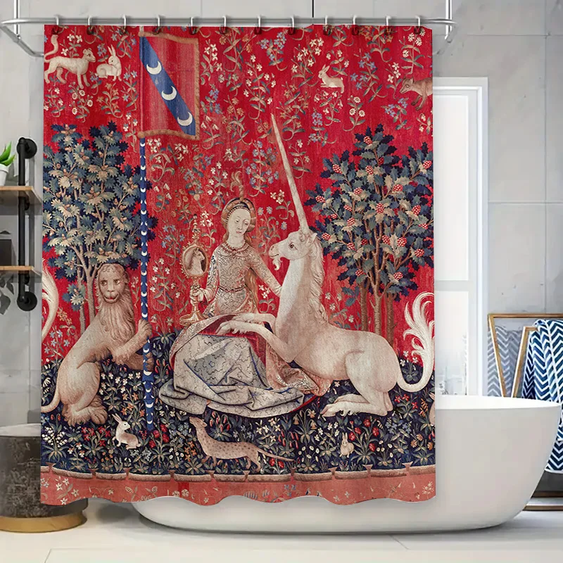 Red Floral Curtain with Medieval Tapestry Design for Bathroom Decor – Luxury Unicorn Bath Rug Shower Curtain Waterproof Home Dec