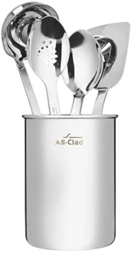 5-Piece Stainless Steel Kitchen Utensil Set - Includes Ladle, Solid Spoon, Slotted Spoon, Turner & Storage Caddy