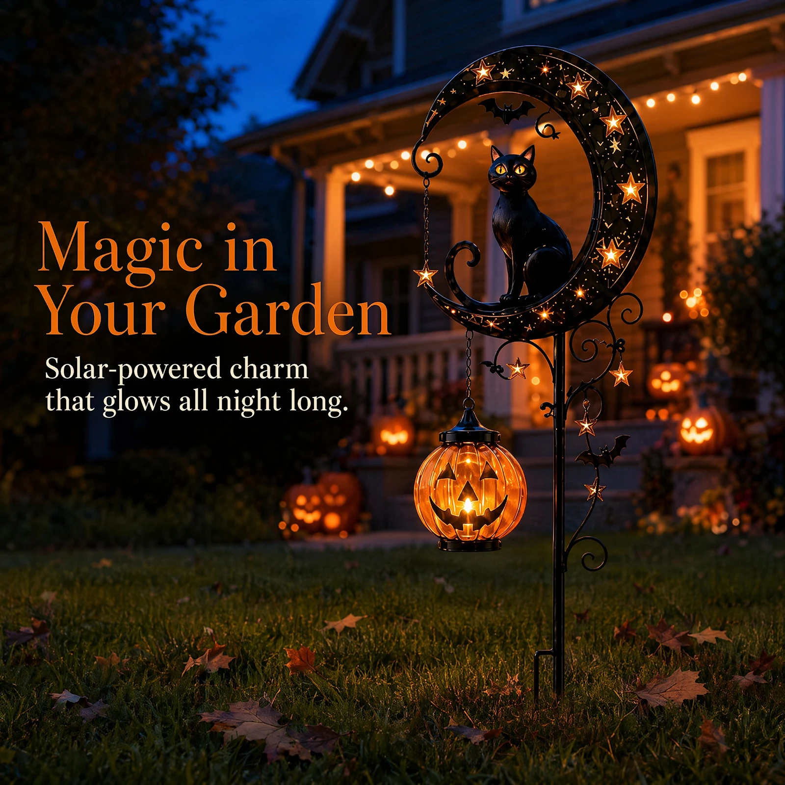 Solar Metal Pumpkin Moon Garden Light Halloween Black Cat Warm Light Decorative for Yard Lawn Patio Pathway Walkway