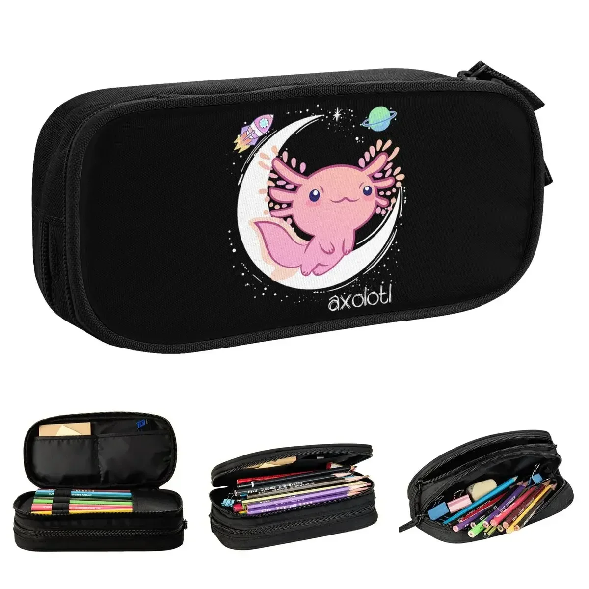 

Space Axolotl Kawaii Pencil Case Creative Fish Animal Pen Box Bags Kids Large Storage Office Zipper Pencilcases