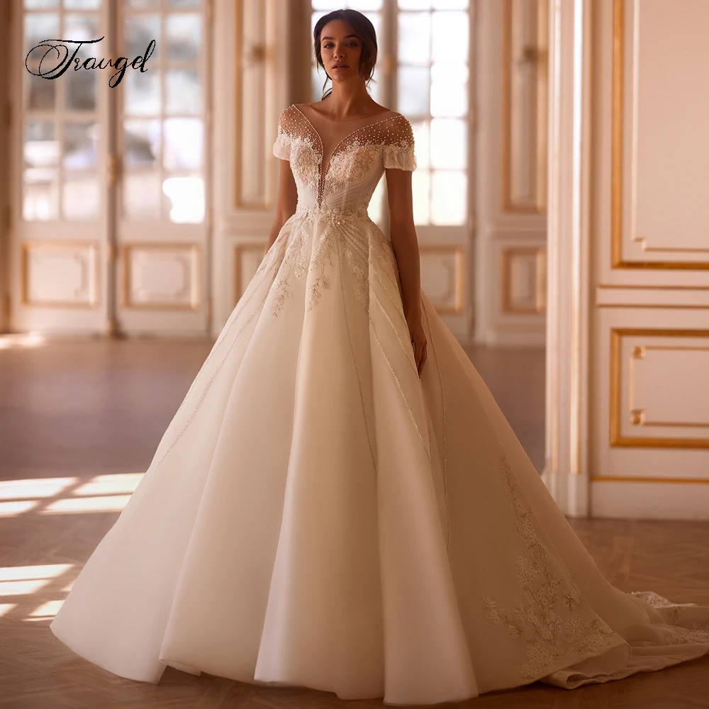 Personalizado elegante colher pescoço manga curta vestidos de casamento do vintage apliques de luxo frisado tribunal trem plissado uma linha vestido de noiva