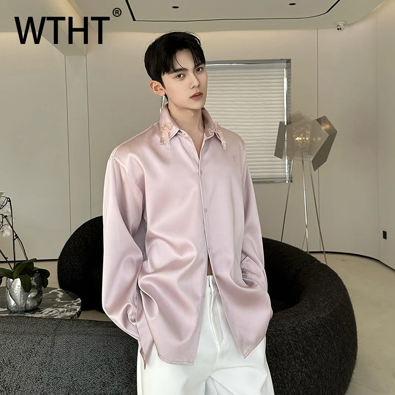 WTHT Fashion 2026 Summer Men's Solid Color Spliced Beading Design Shirt Trendy Turn Down Collar Single-breasted Tops Male 2A2883