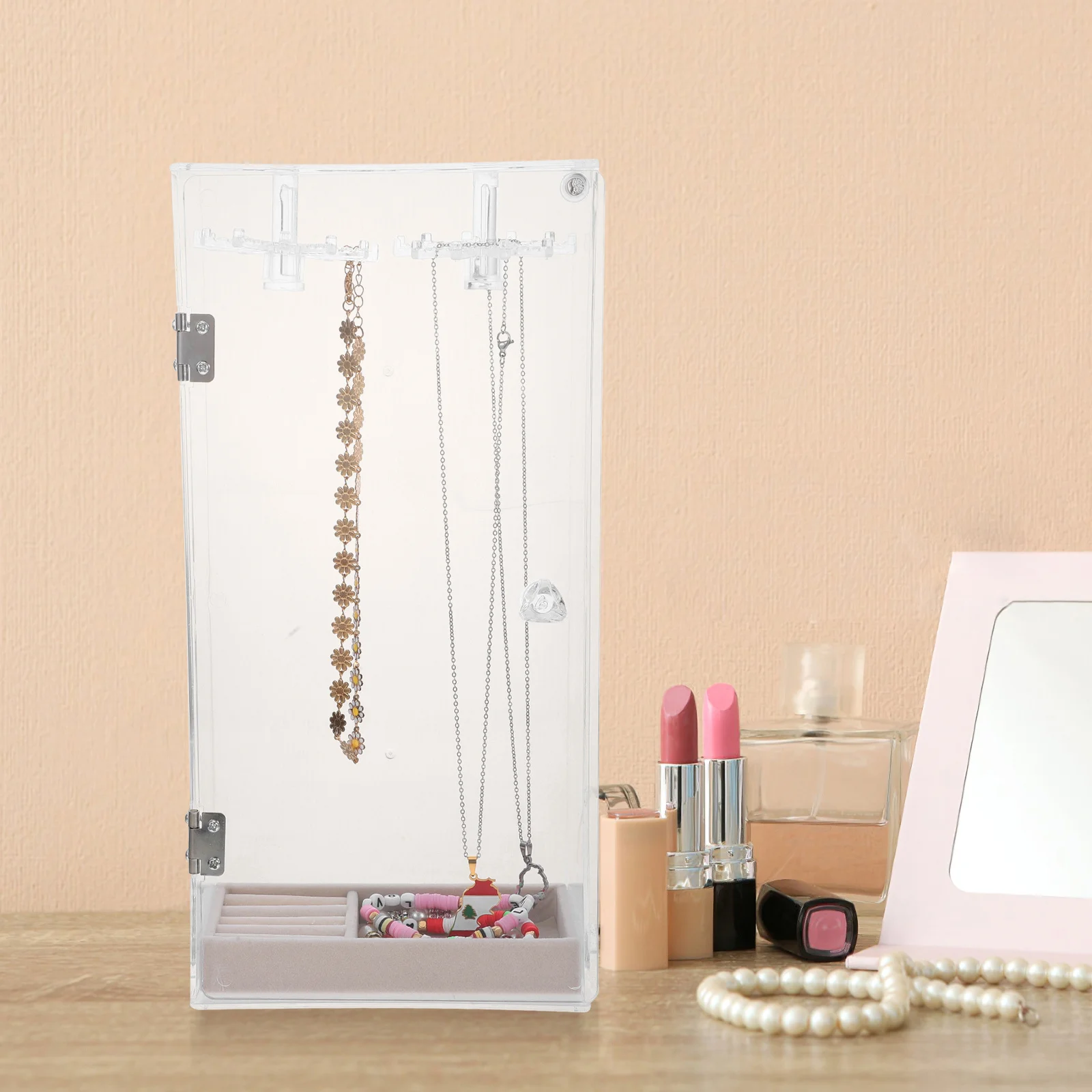 

Clear Jewelry Stand Necklace Holder Plastic Display Tray Rotating Organizer for Necklace Ring Bracelet Storage Box