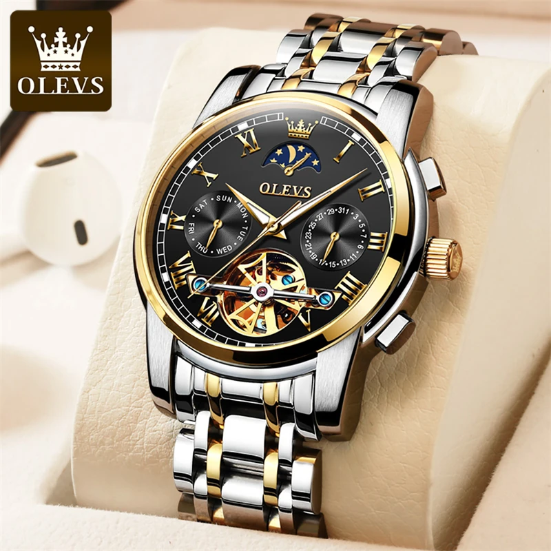 

OLEVS Brand Fashion Multifunction Mechanical Watch for Men Stainless Steel Waterproof Moon Phase Luxury Tourbillon Watches Mens