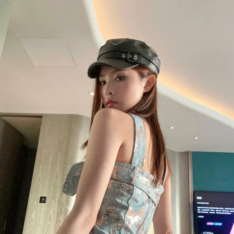 قبعة فنان عتيقة للنساء من جلد البولي يوريثان مع قبعة رسام بإبزيم قابل للتعديل للجنسين، أغطية رأس قوطية كاجوال للخارجية