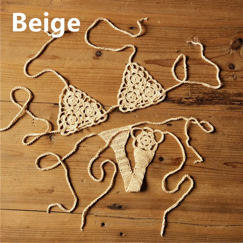 Handgemachtes Häkel-Bikini-Set, sexy Damen-Strandbekleidung, zweiteiliger Badeanzug, Sommer-Urlaubs-Outfit, gestricktes Mikro-Bikini.