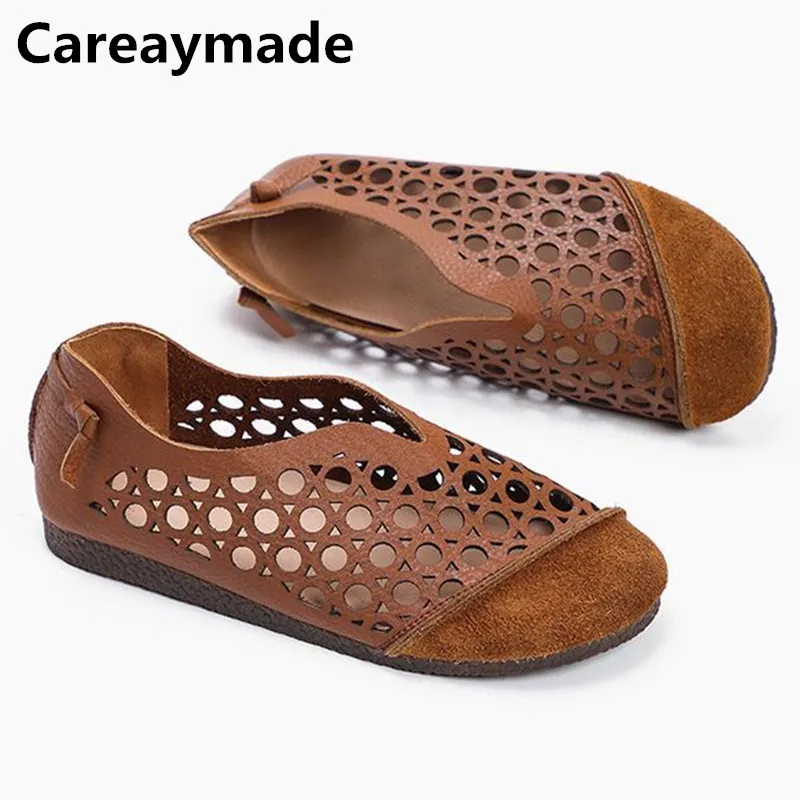 Careaymade-Summer new Original Vintage pure Handmade genuine Leather leisure Shoes,hollowing out flat single shoes,3 colors