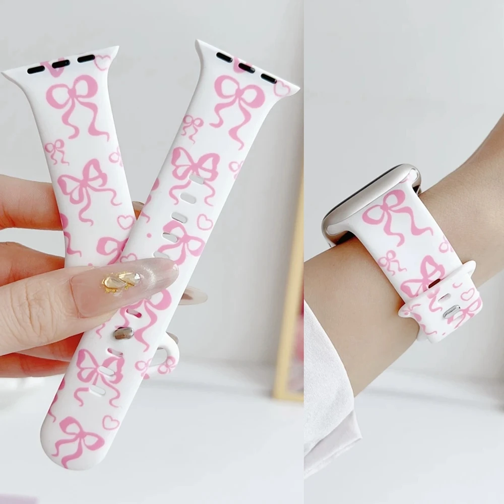 Bow Silicone Loop For Apple Watch Band Women 11/10/9/7/ 38mm 40mm 41mm 42mm 44mm 45mm 46mm Strap