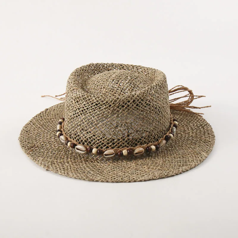 Sea Grass Summer Panama Hats for Women Sun Hat with Leather Shell Band Designer Flat Top Straw Fedora Hat Party Travel Beach Hat