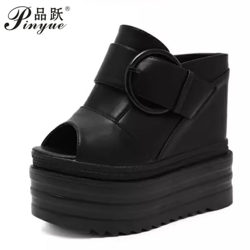 

Летние женские сандалии 12-14 см с пряжкой, черно-белые, на платформе, удобные, на толстой подошве, пляжная обувь, размеры 34-39