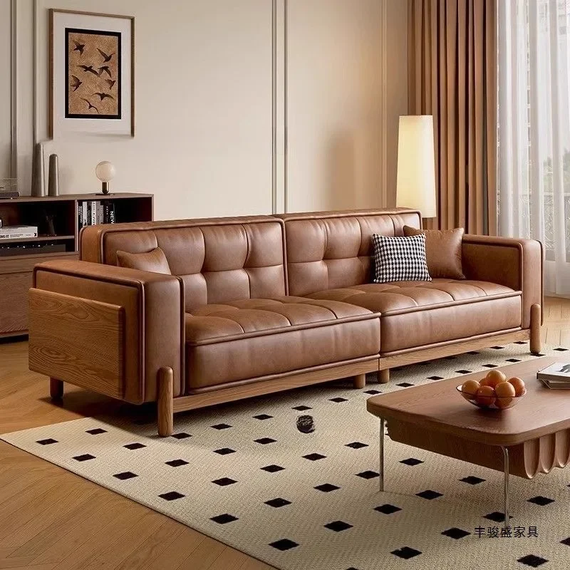 HYS retro style small and medium-sized first-floor sofa double light luxury walnut new Chinese straight row leather