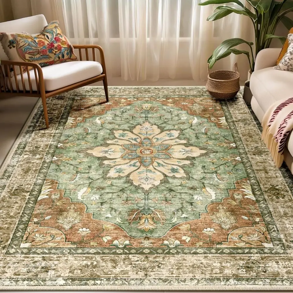 

Area Rugs 5'x7' Washable Non-Slip, loral Vintage DistrPrint Medallion Carpet or Living Room Bedroom Dining Room, Brick Red Rust