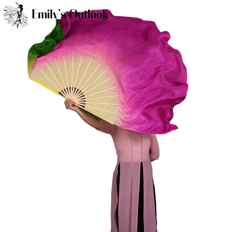 1 Pair Real Silk Belly Dance Fan Two Layers Composite Color Chinese Folk Dance Fan Wholesale Handmade Art Worship Fan