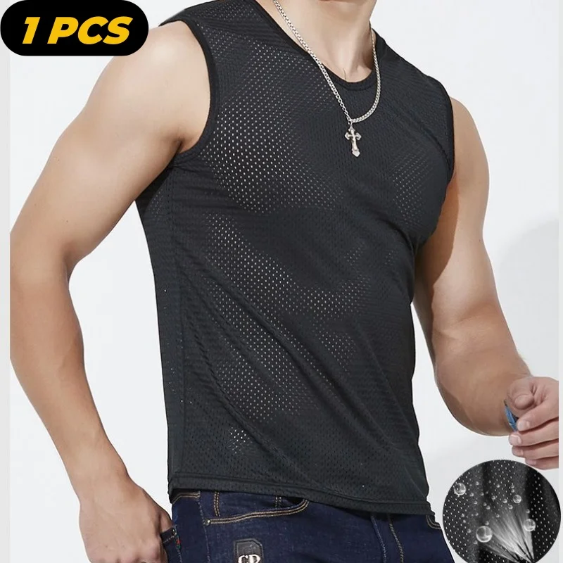 1PCS Men Tops Ice Silk Vest Outer Wear Quick-Drying Mesh Hole Breathable Sleeveless T Shirts Summer Cool Vest Beach Travel Tanks