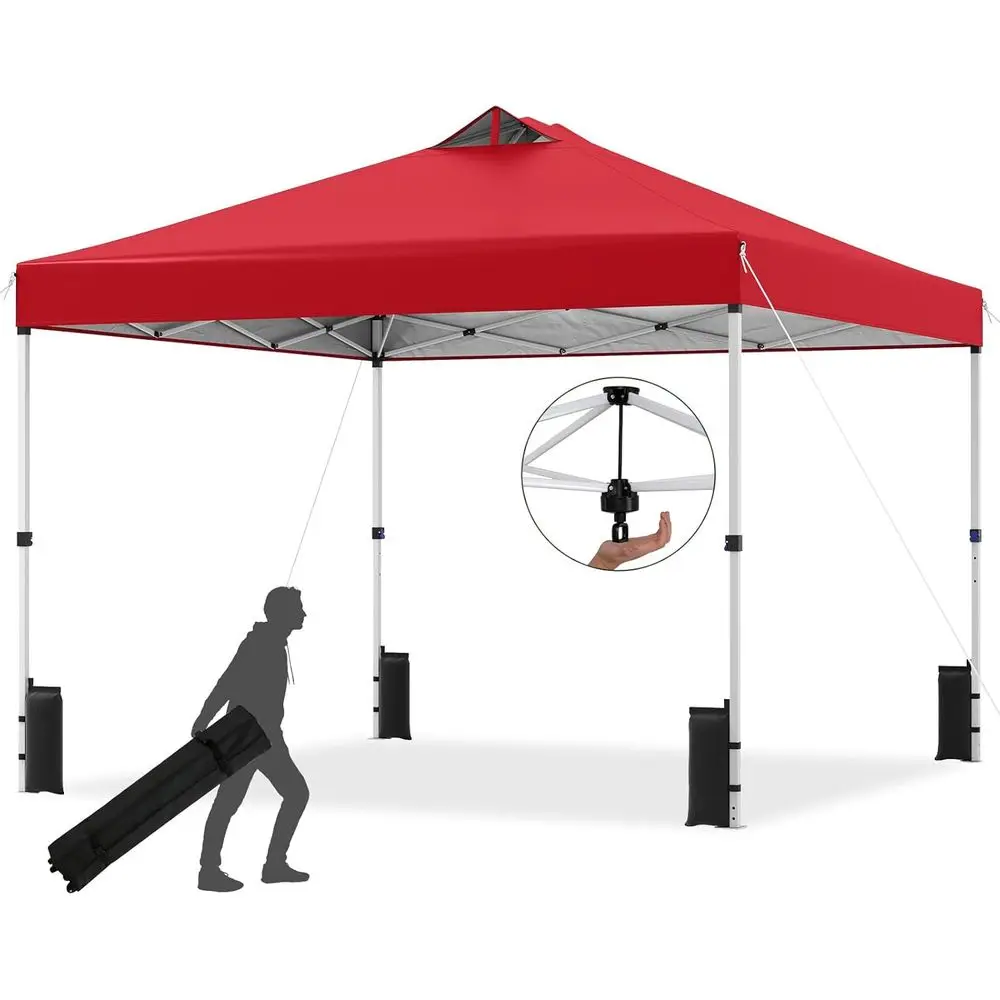 10 x 10 Instant Outdoor Tent with Roller Bag, Sandbags, Steel Poles, Stakes, and Ropes for Camping and Picnics (Red)