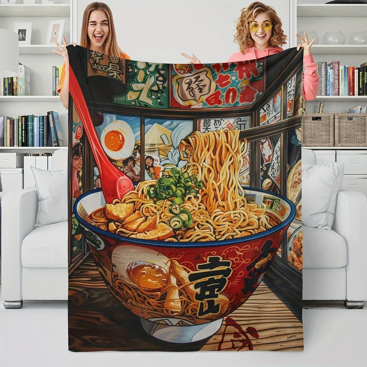 Kawaii Ramen Bowl Throw Blanket Japanese Food Lover Gift Cozy Anime Style Couch Throw