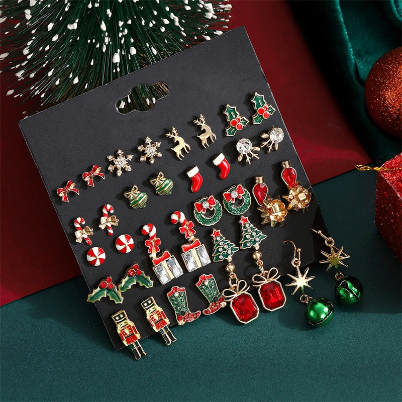 12/20 Pair Christmas Earring Set For Women Shiny Crystal Zircon Snowflake Elk Bowknot Elk Xmas Tree Earring New Year Gifts