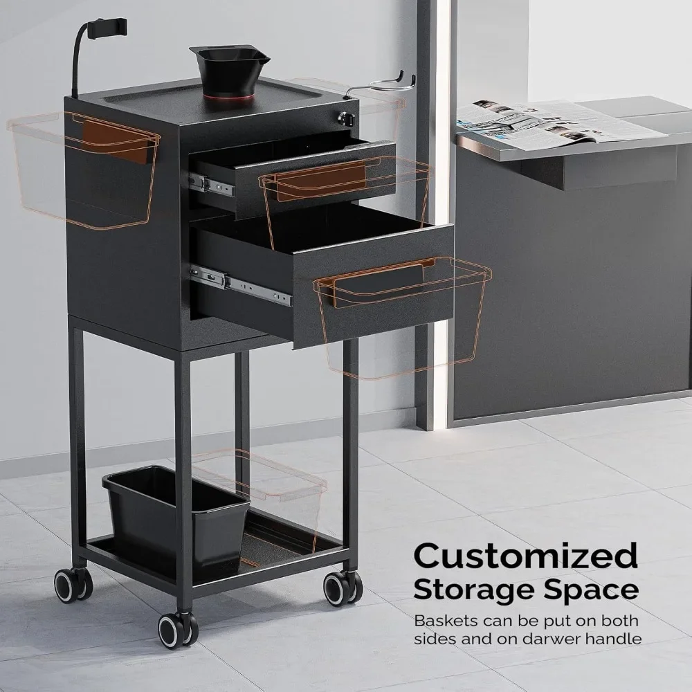 

Metal Salon Trolley Cart for Hair Stylist - Lockable Drawer Station with 2 Magnetic Bowls | Tattoo & Hair Professional Cart