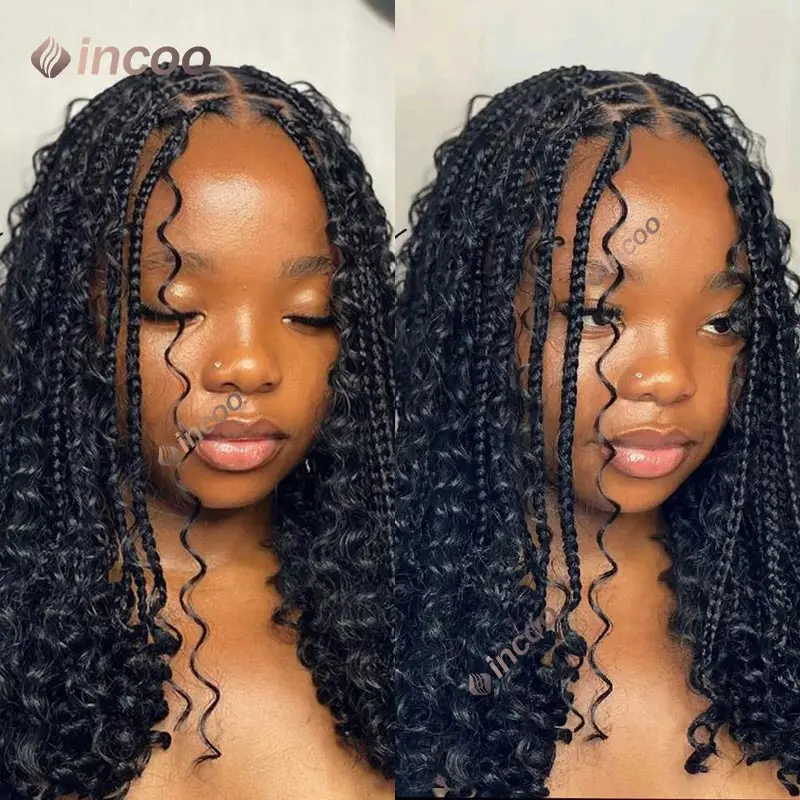 

12 Inch Short Bohemian Bob Braided Wig Curly Knotless Full Lace Front Synthetic Goddess Cornrow Braids Locs Wig for Women