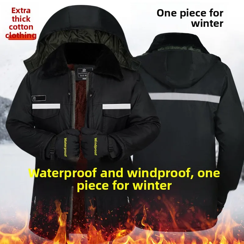 

Thiened Winter Cotton Jaet Men's Mid-Length Fce-Lined Labor Protection Coat Warm Waterproof New Sle Large Coat