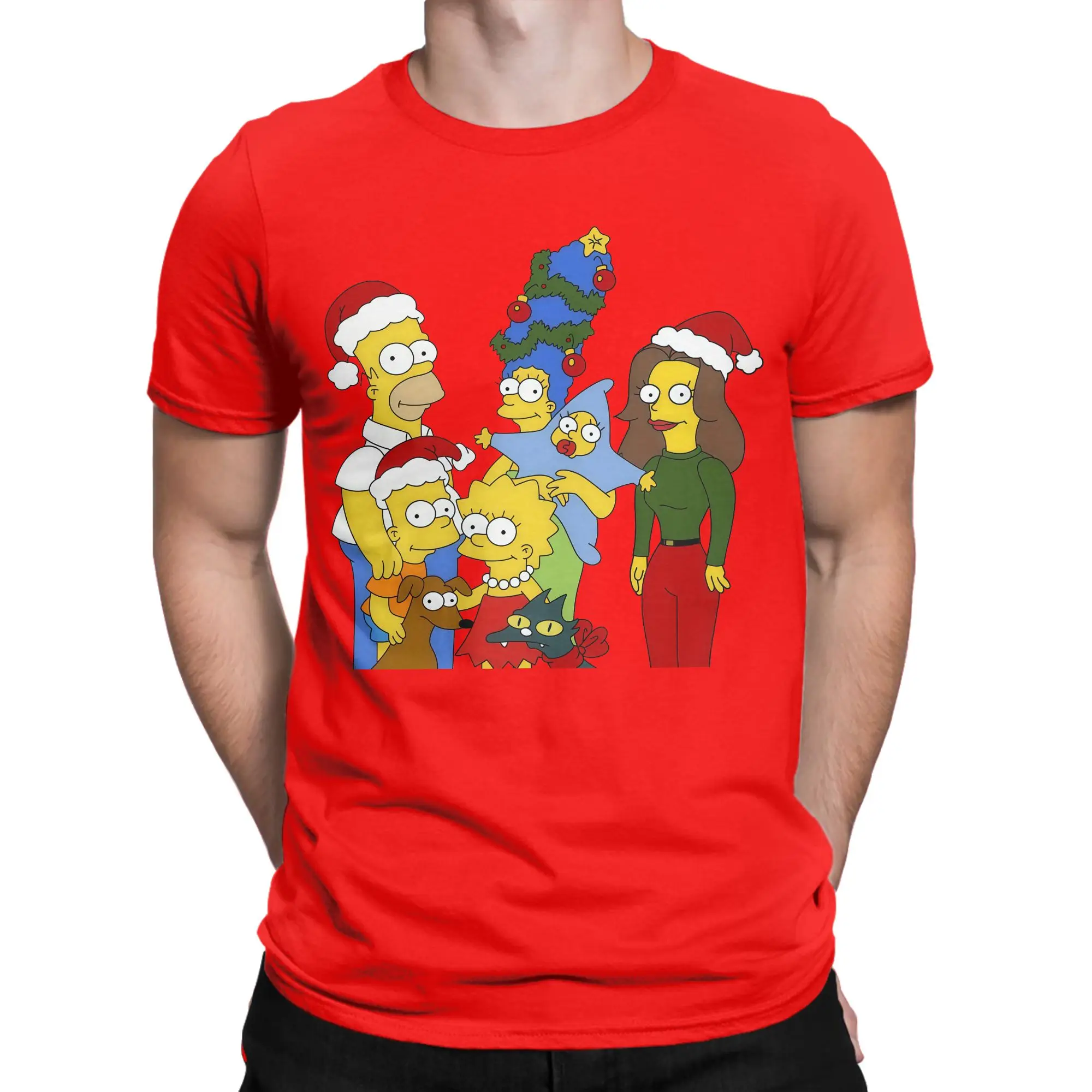 Cartoon S-Simpsons Christmas T-Shirts Men  Novelty Cotton Tee Shirt Crew Neck Short Sleeve T Shirt Summer Clothing