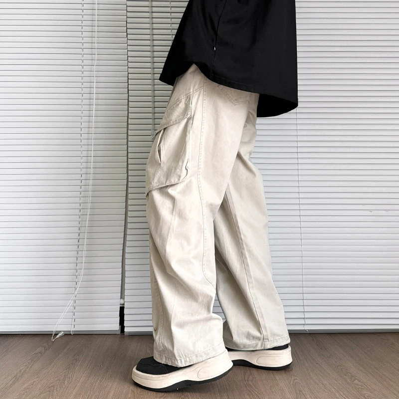 Autumn Winter Men Cargo Pants Cotton Straight Pleated Black Beige Long Trousers Oversized  Wide Leg Hip-hop Casual Pants