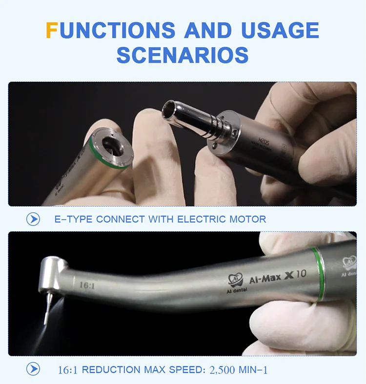 Dental Contra Angle-handpiece 1:5/1:1/4:1/16:1 Low Speed Hand Piece Single Water Spray E-Type Connector Without Fiber Optic