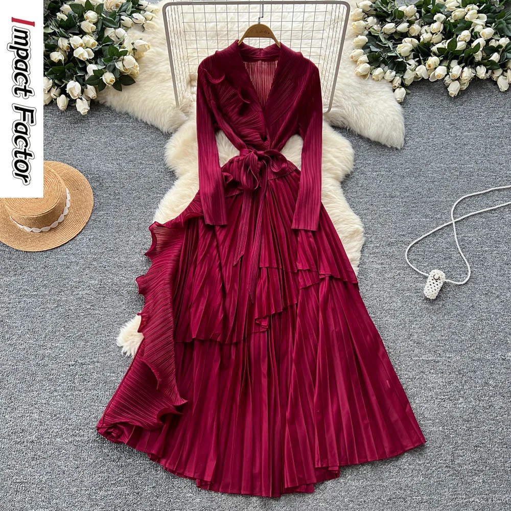 miyake-robe-plissee-femmes-2025-automne-design-sens-sangle-taille-costume-col-jupe-longue-irreguliere