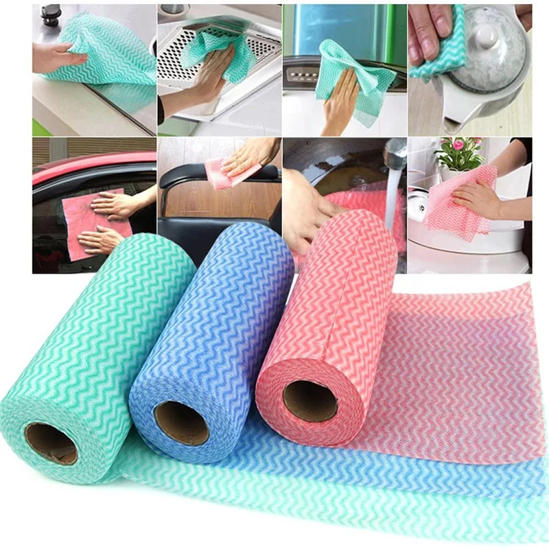 50 Pieces/rolls Kitchen Cleaning Dish Cloth Lazy Rag Scouring Pad Oil-free Disposable Dish Towel Non-woven Fabric Cleaning Rags