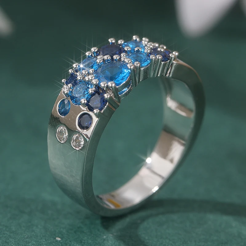 Trendiger Eingelegter Blauer CZ Damenring Silberfarben Geometrisch Tägliches Tragen Verlobungs-Party-Geschenk Schmuck – Detail 4