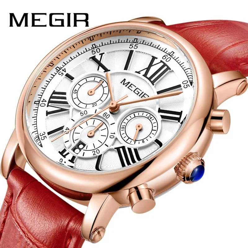 MEGIR Women Watches Luxury Quartz Chronograph Leather Strap Ladies Sports Wristwatch Female Dress Clock 24-hour Reloj Mujer 2058