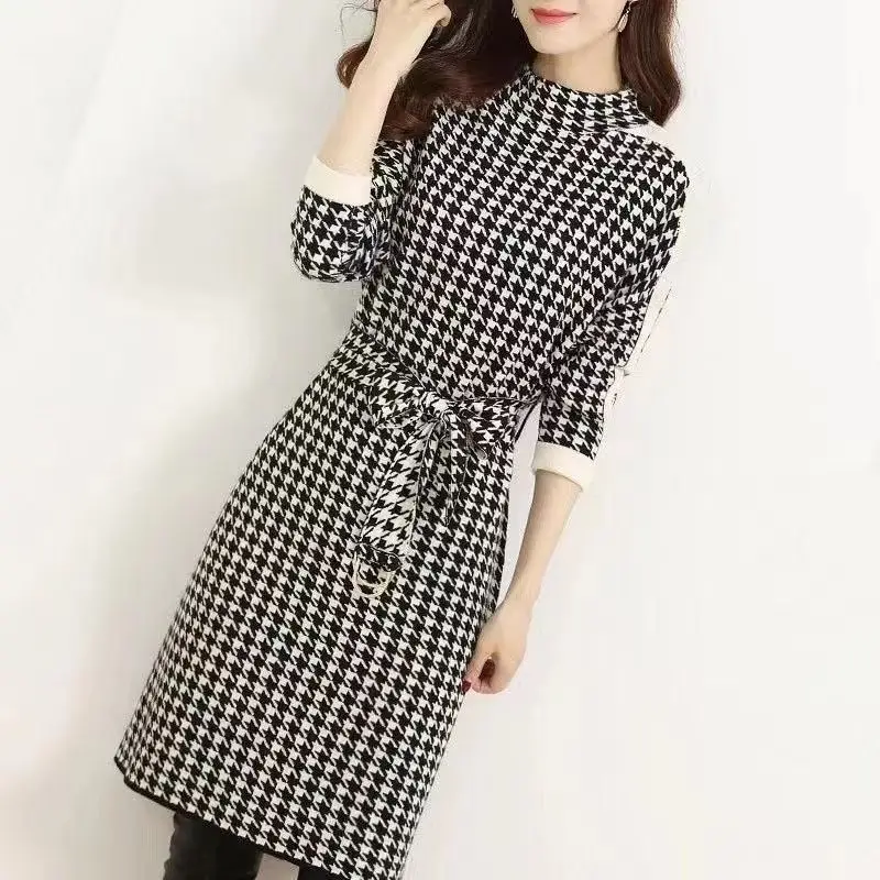 Female Clothing Houndstooth Spliced Dresses Vintage Half High Collar Autumn Winter New Elegant A-Line Sashes Bandage Midi Dress