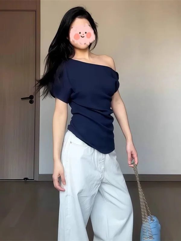 T-shirt slim fit chic da donna Summer Faion Design dolce e piccante Asimmetrico oulder Casual ort Sve Top monospalla