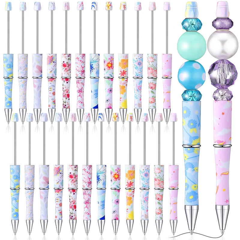 

92Pcs Plastic Beaded Pens DIY Floral Pens Leopard Print Floral Graffiti Print Bead Ballpoint Pens Black Ink