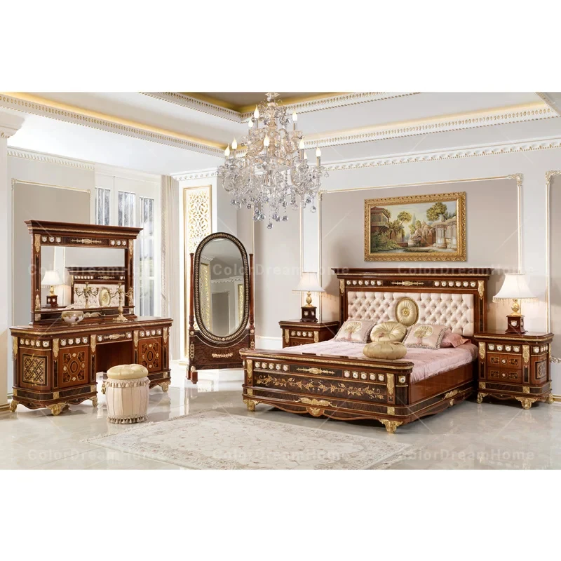 custom.Home Furniture Solid Wood Bedroom Set Carved Wooden Beds French Antique Bedroom Furniture Sets King Size