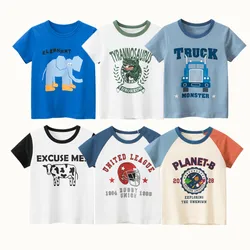 2023 Boys Short Sleeve T-Shirt Clothes Children 100% Cotton Cow Planet Baseball Elephant Cartoon Kids Casual Sport Top Tees