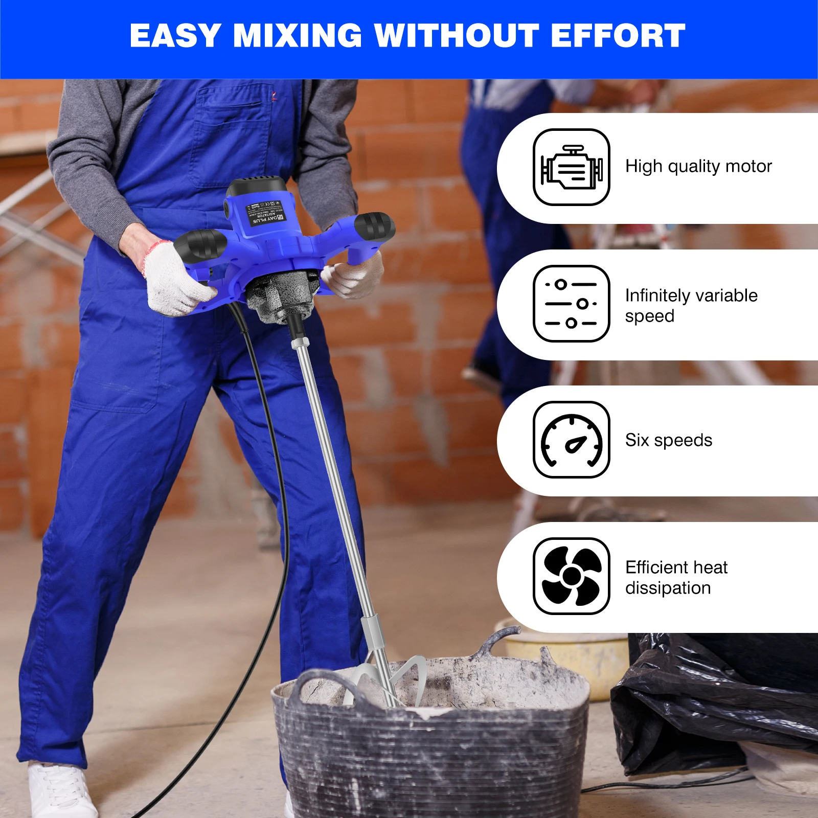 Mezcladora de Concreto Portátil Eléctrica, Mezcladora de Cemento y Mortero con Varilla Espiral M14, Mezcladora de Pintura Manual de 2600W, Mezcladora de Mortero y Yeso, Paleta Mezcladora para Taladro, Herramienta para Remover Mortero, Agitador de 6 Velocidades y 120mm de Diámetro