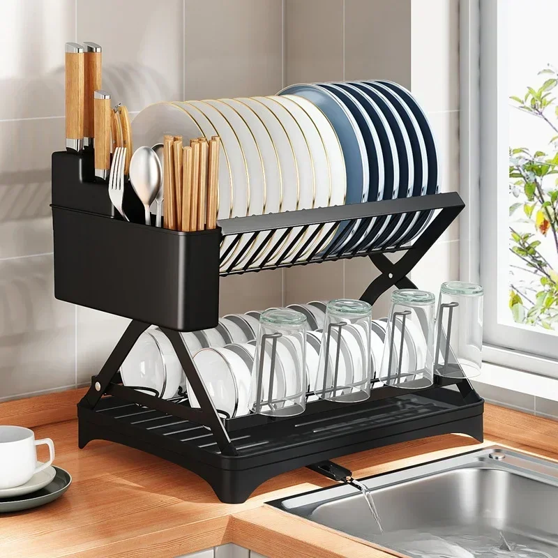 Collapsible X-shaped Kitchen Bowls Dishes Storage Rack Drain Rack 2-Layer Home Multi-functional Chopsticks Tableware Organizer