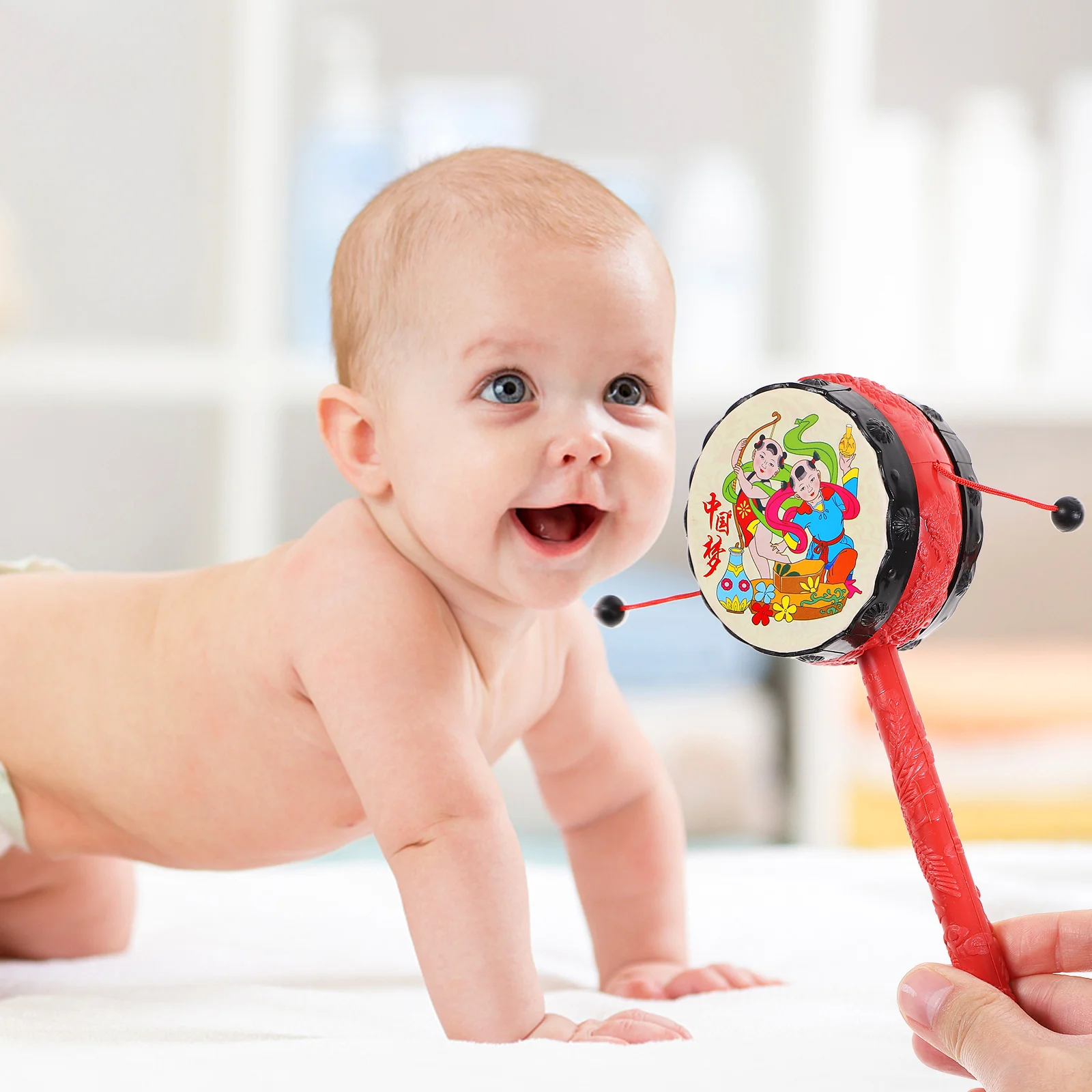 3 pezzi piccoli tamburi a sonaglio giocattoli per l'educazione precoce giocattoli portatili che agitano per bambini sonaglio-tamburo per bambini