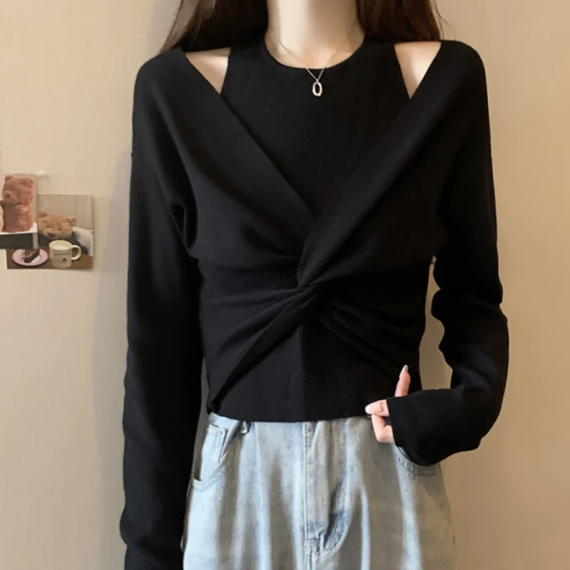 

Oversized Black Fake Two Pieces Knitwear Spring Autumn Chic Irregularity Full Sleeve Women Sweater Simple Slim Female Tops