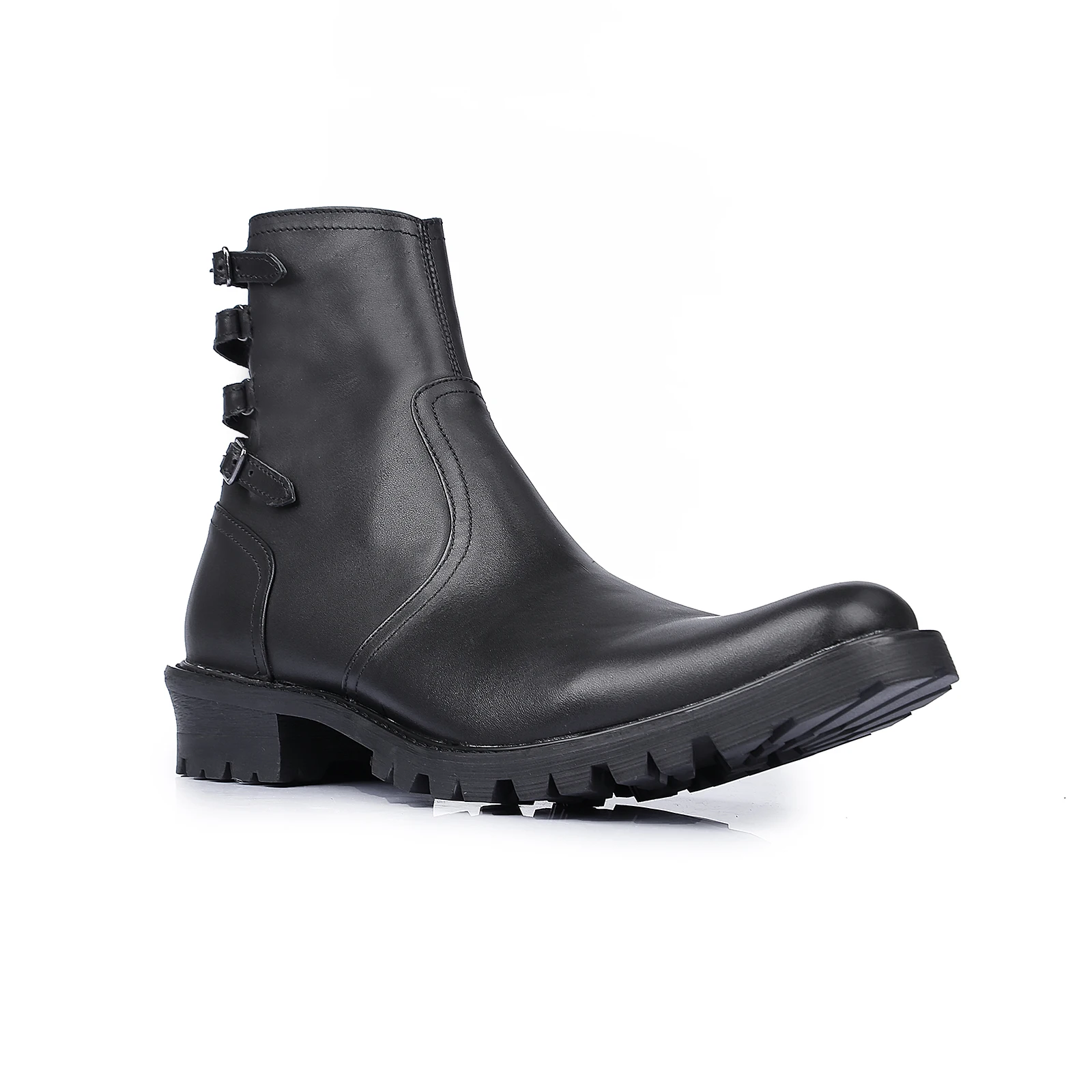 Botas con hebilla en el tobillo y cremallera de cuero genuino duraderas de estilo británico, botas de trabajo de suela gruesa para hombre, botas de motocicleta