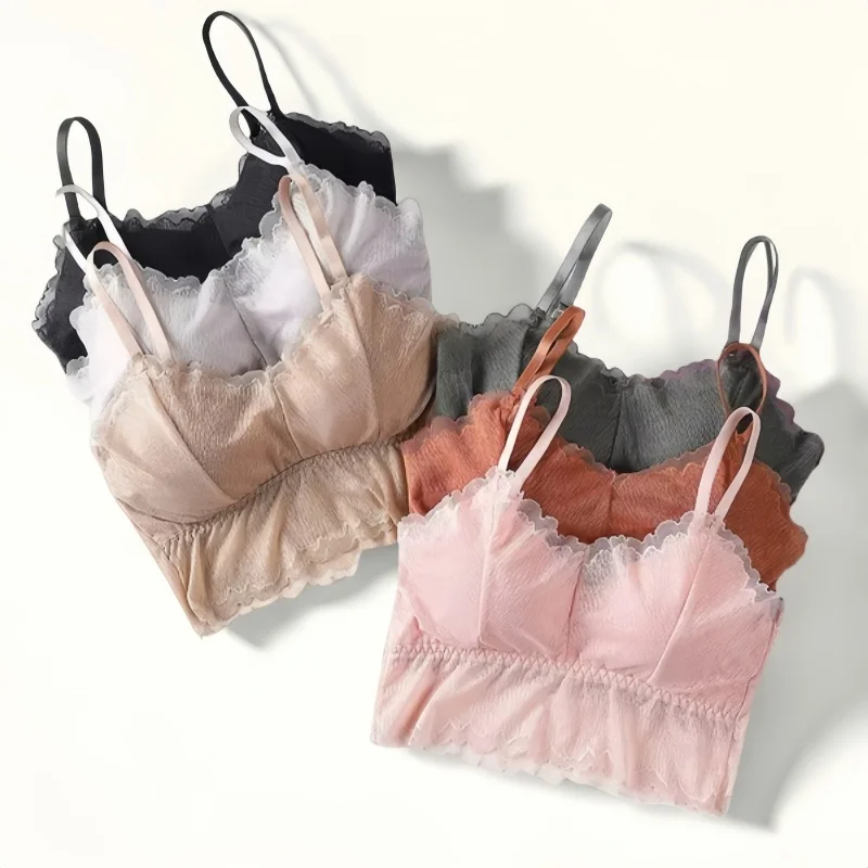 Sujetador de encaje sin aros para mujer, Bralette acolchado con almohadillas extraíbles, Top corto de verano, lencería Sexy
